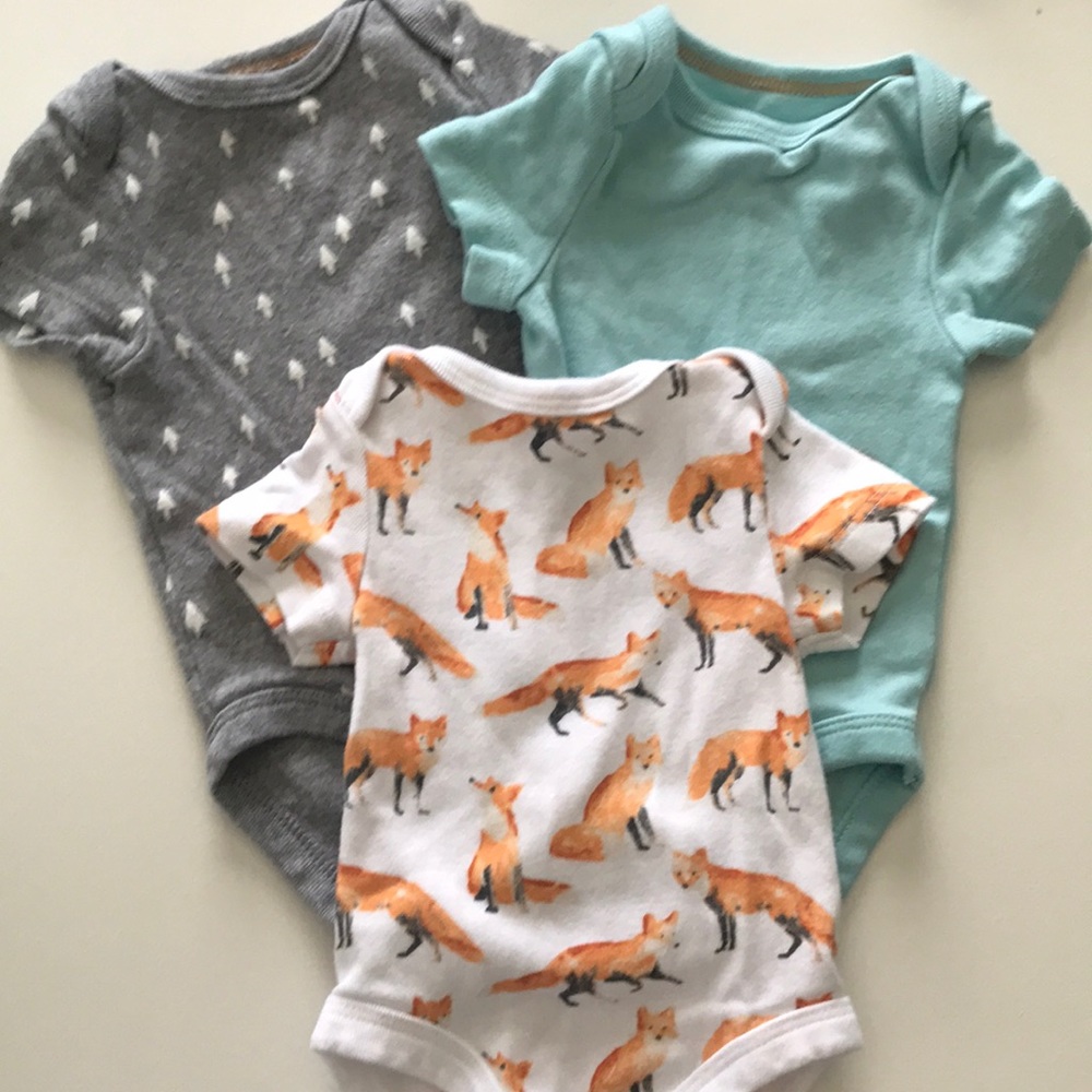 (3) Pack Newborn NB Bodysuits Fox Tree Blue